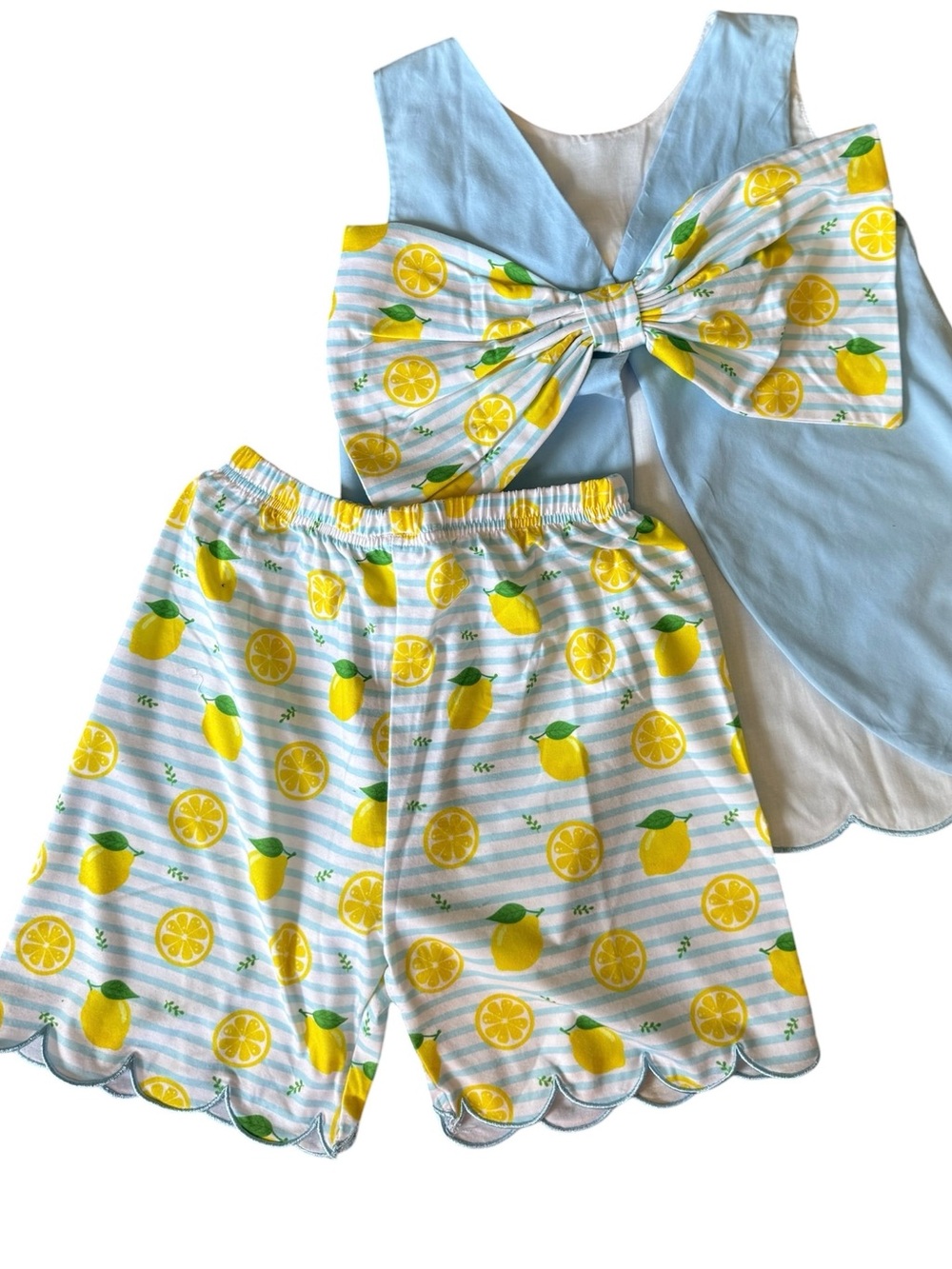 Busy Bees Smocked Girls Lemon Outfit Set Blue Scallop Hem Bow Back Size 9
